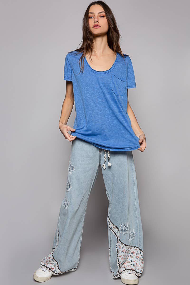 Scoop Neck Rayon Slub Tee with Pocket Front and Short Sleeve