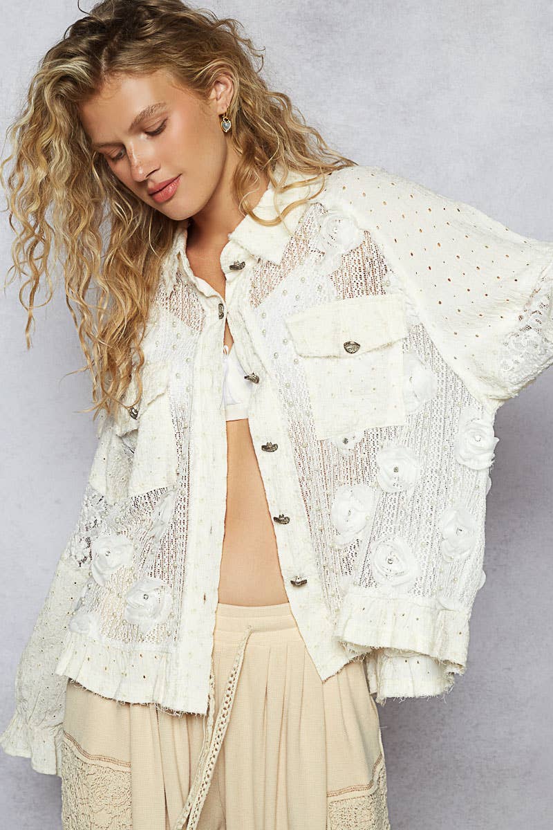 Long balloon sleeve flower detail button down shirt top SALE