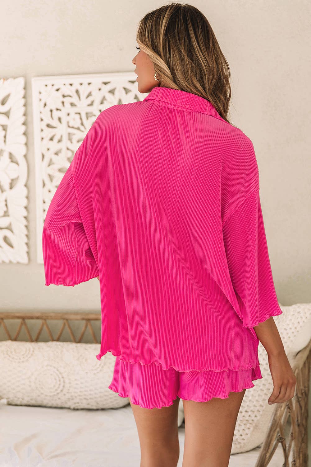 Pleated Shirt and High Waist Shorts Lounge Set