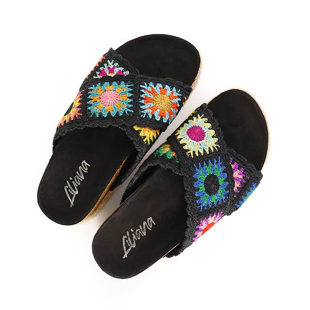 Wedge platform slipper sandal with crochet X band