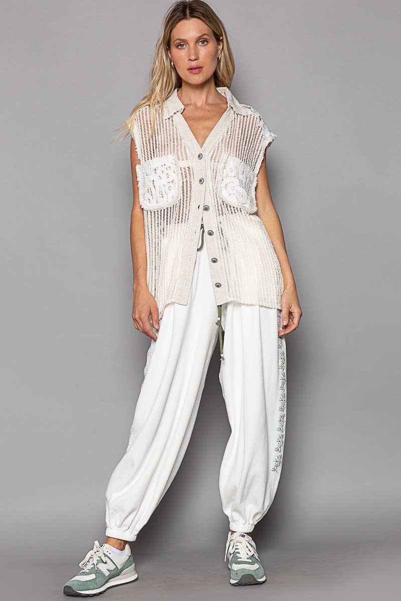 V-neck cut sew vintage crochet patch button down vest