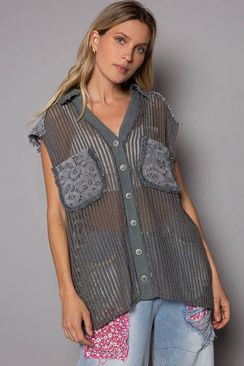 V-neck cut sew vintage crochet patch button down vest