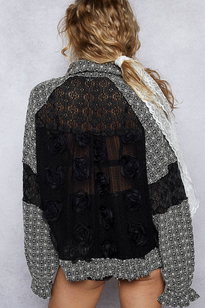 Long balloon sleeve flower detail button down shirt top SALE