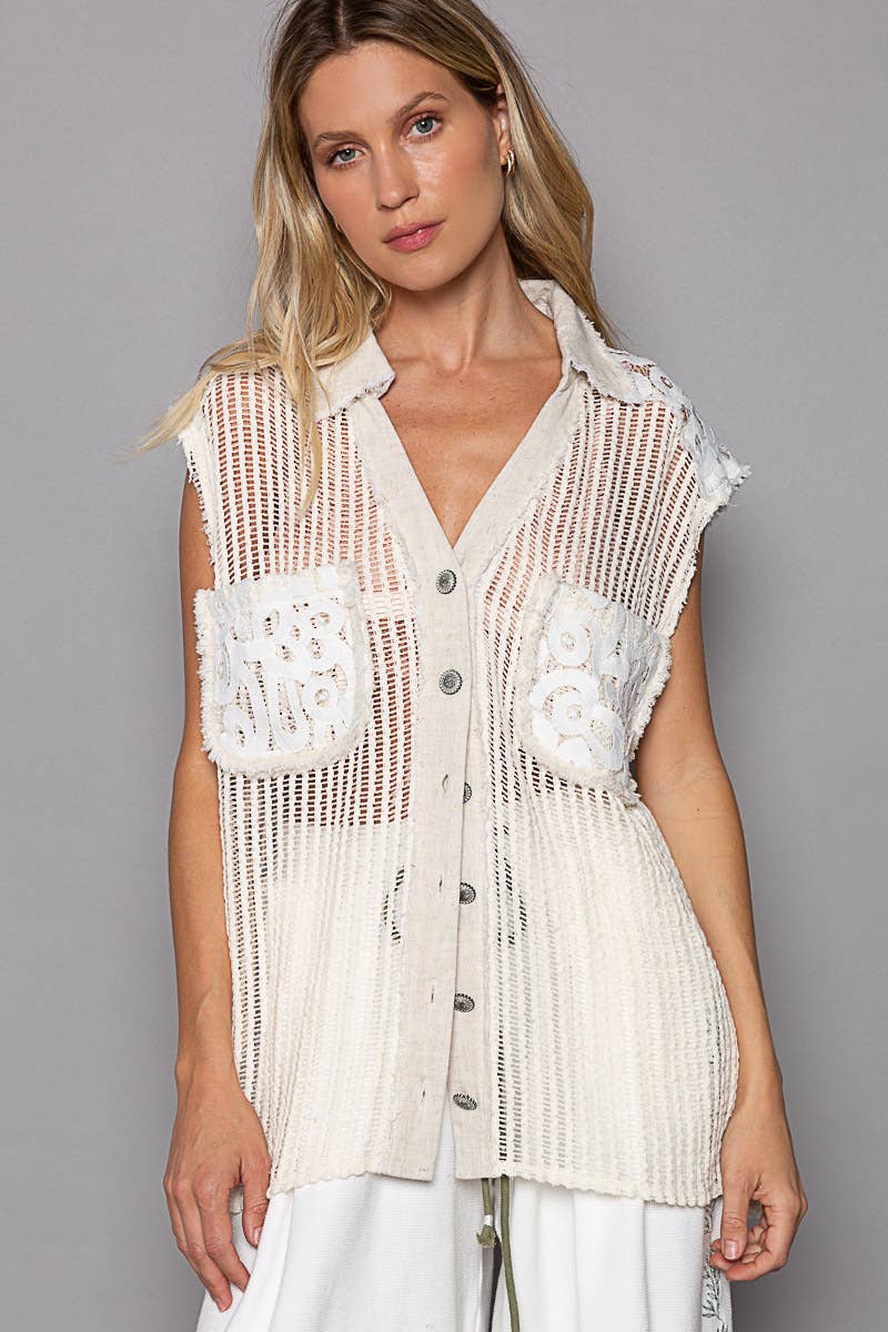 V-neck cut sew vintage crochet patch button down vest