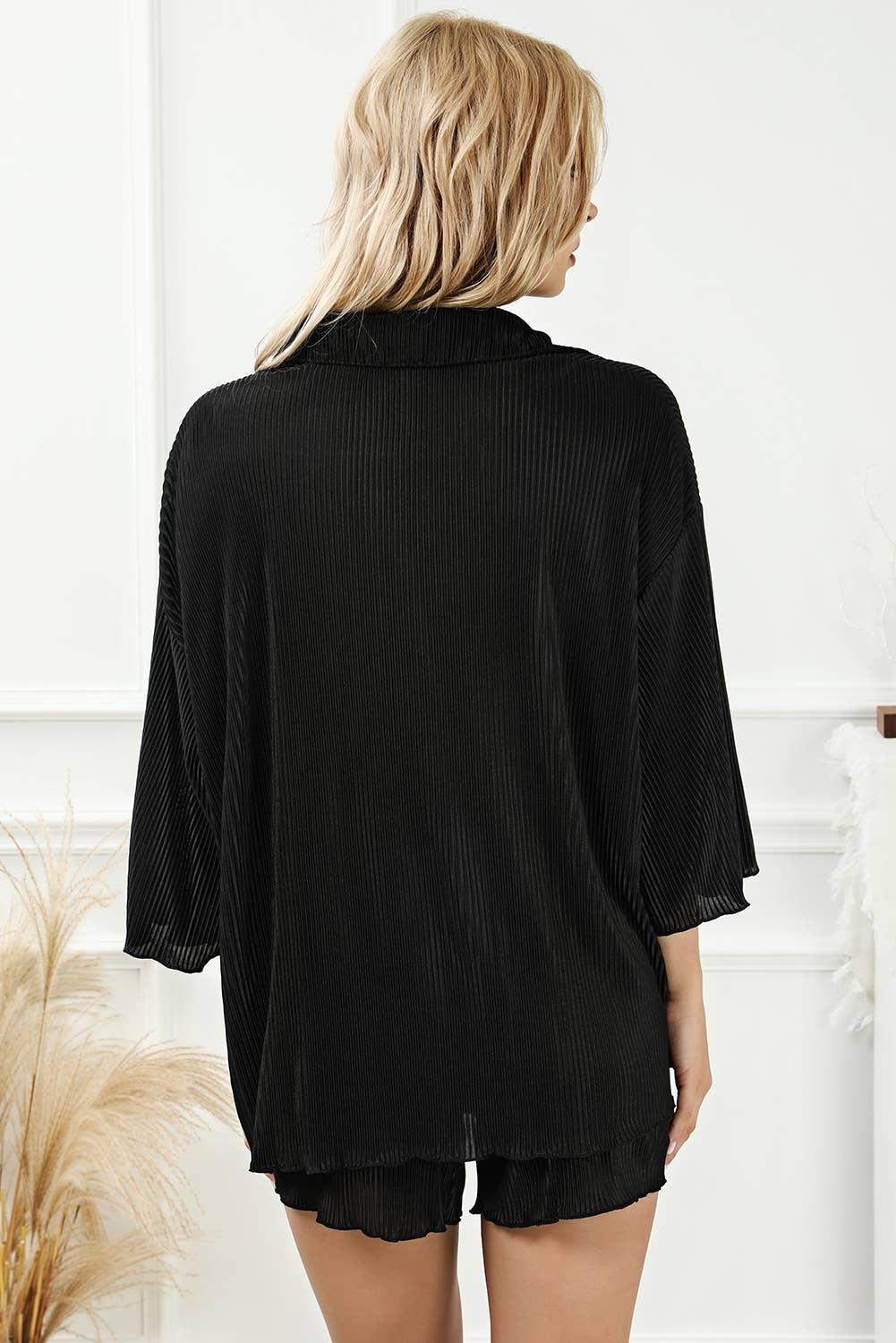 Pleated Shirt and High Waist Shorts Lounge Set