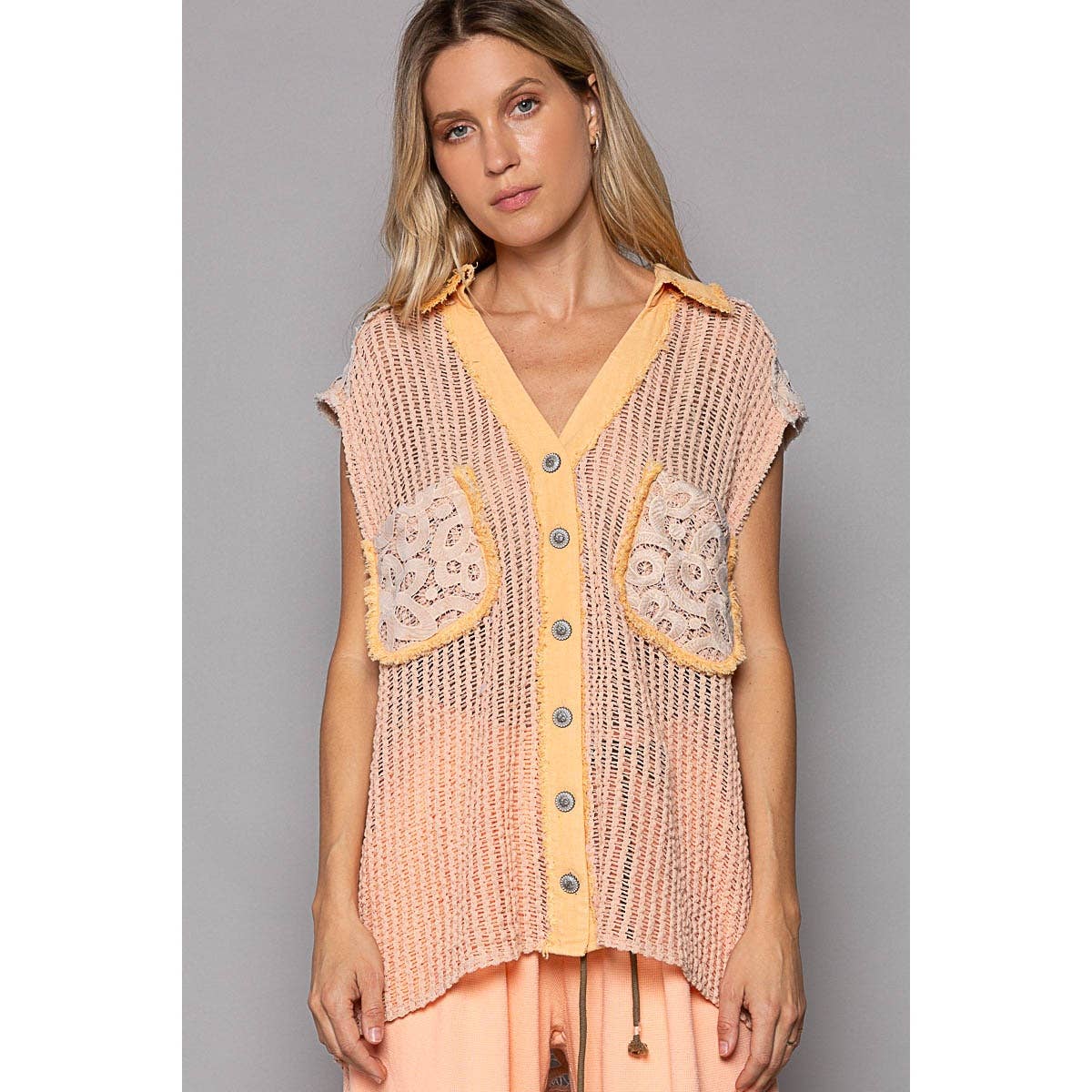 V-neck cut sew vintage crochet patch button down vest