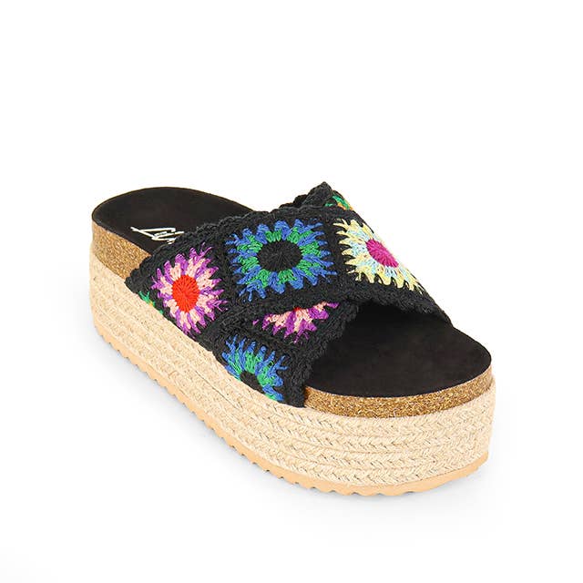 Wedge platform slipper sandal with crochet X band