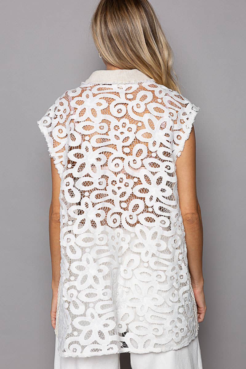 V-neck cut sew vintage crochet patch button down vest