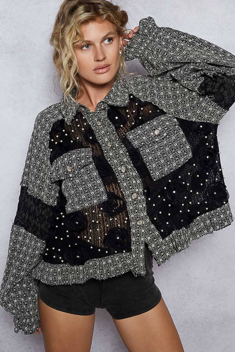 Long balloon sleeve flower detail button down shirt top SALE