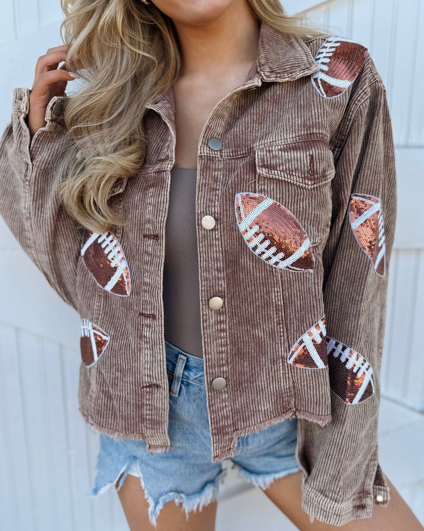 Mocha Corduroy Sequin Football Cropped Jacket
