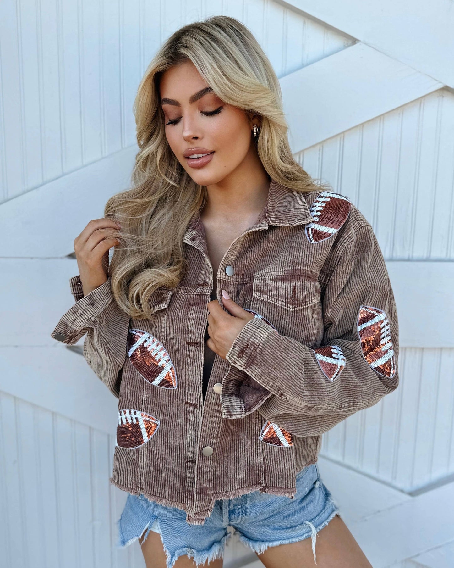 Mocha Corduroy Sequin Football Cropped Jacket