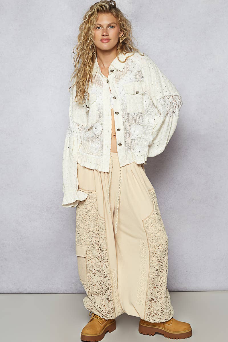 Long balloon sleeve flower detail button down shirt top SALE