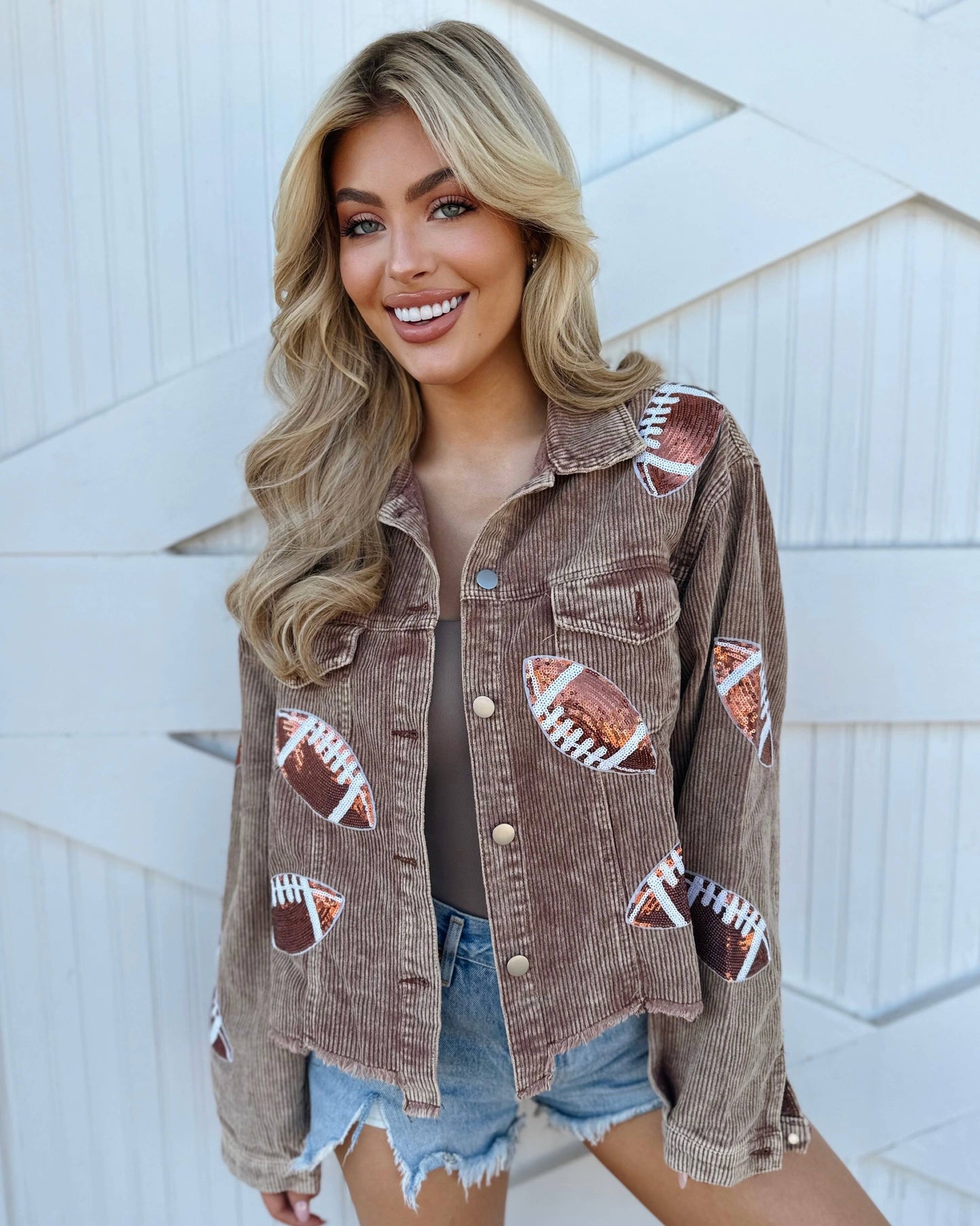 Mocha Corduroy Sequin Football Cropped Jacket