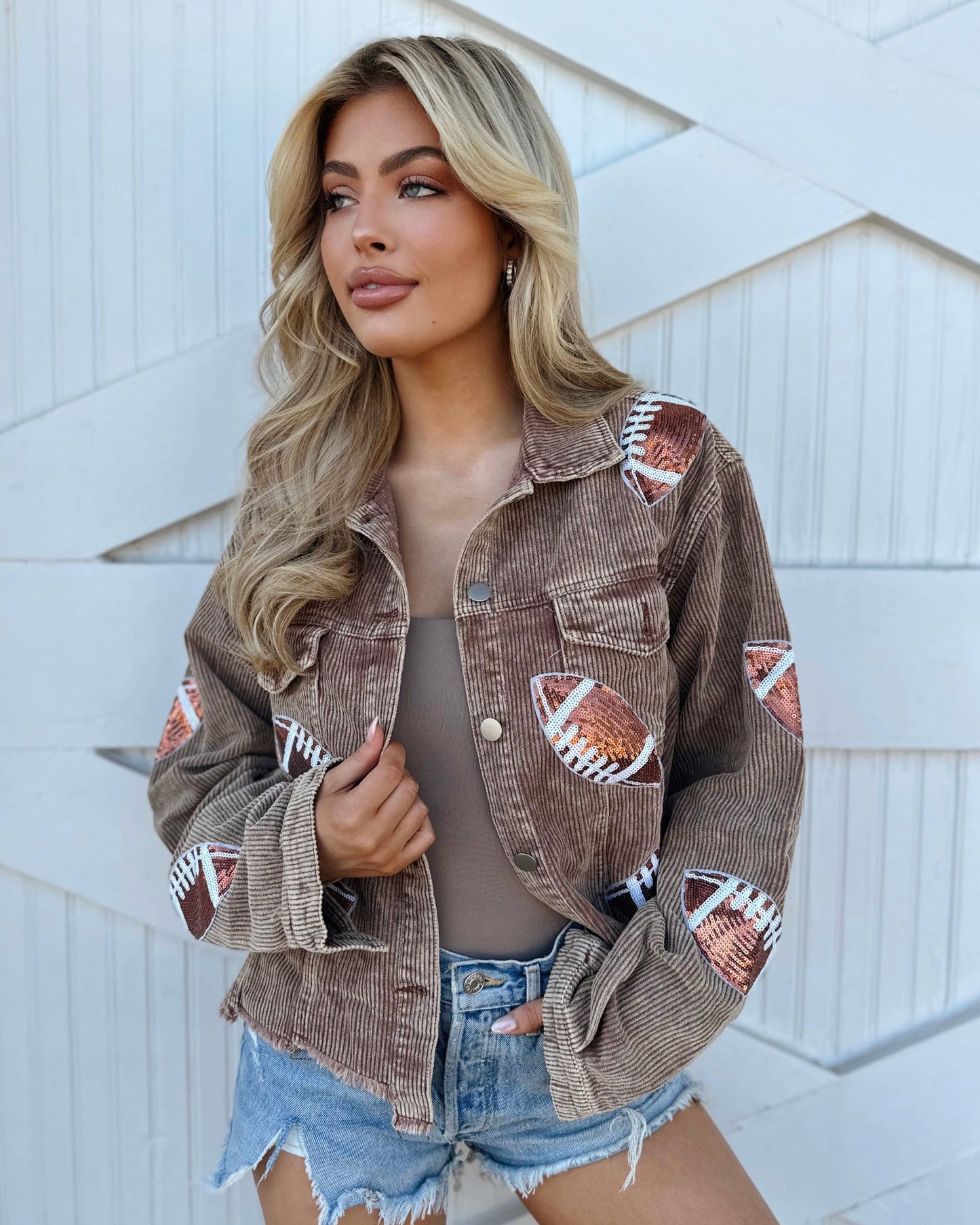 Mocha Corduroy Sequin Football Cropped Jacket