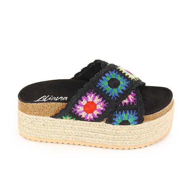 Wedge platform slipper sandal with crochet X band