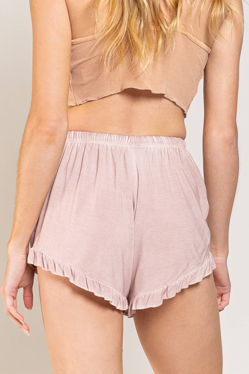Elastic drawstring waist ruffle trim dolphin shorts