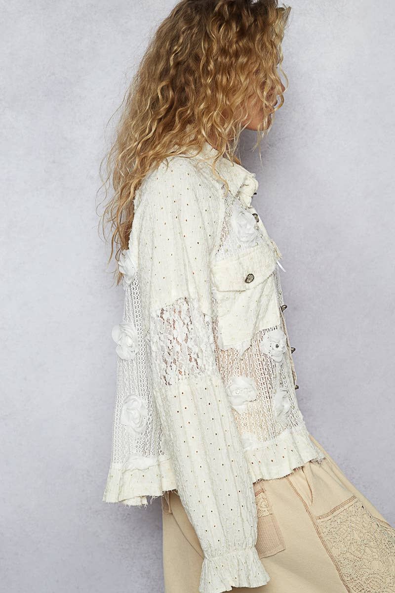 Long balloon sleeve flower detail button down shirt top SALE
