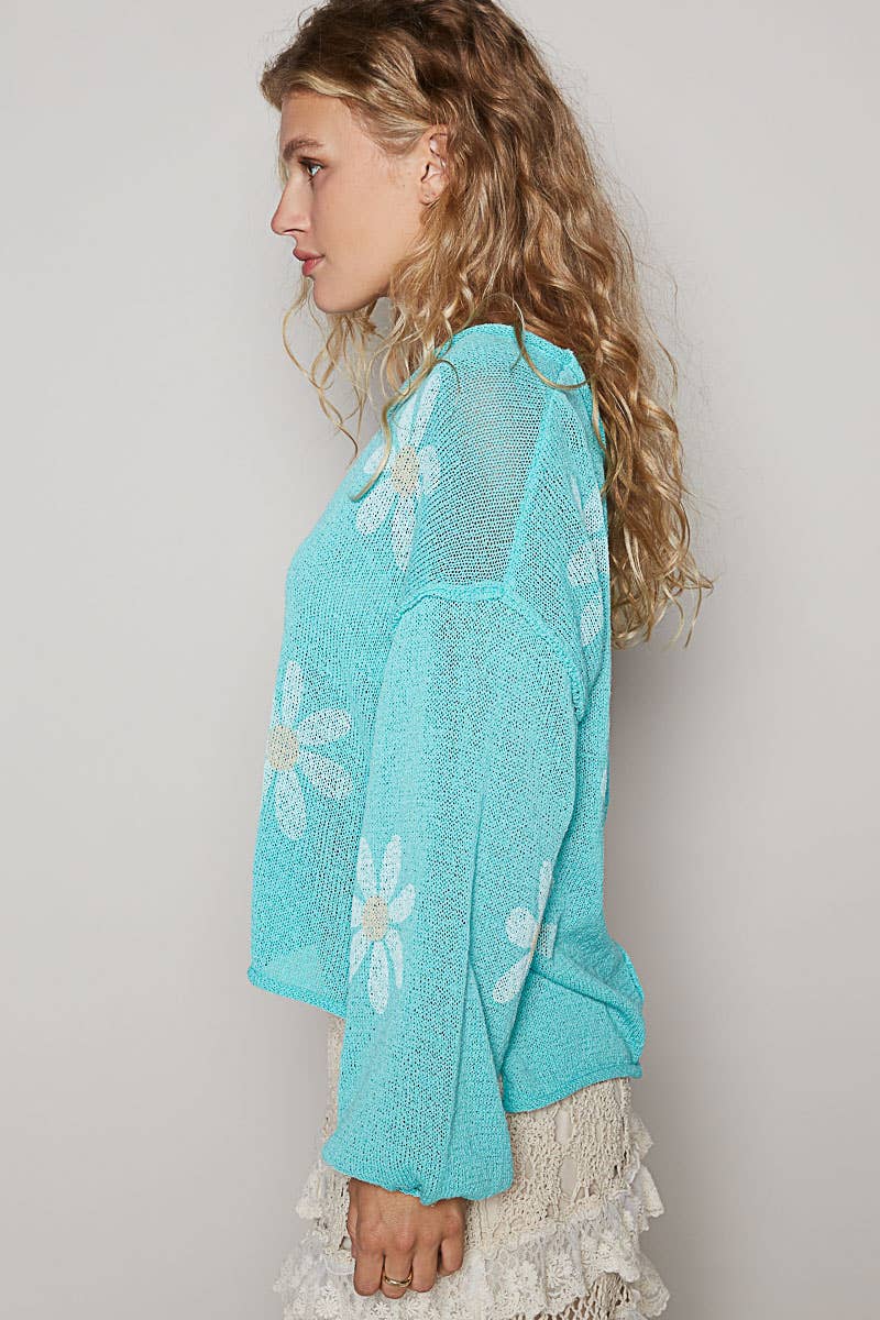 CREAM Round neck balloon sleeve floral prints sweater