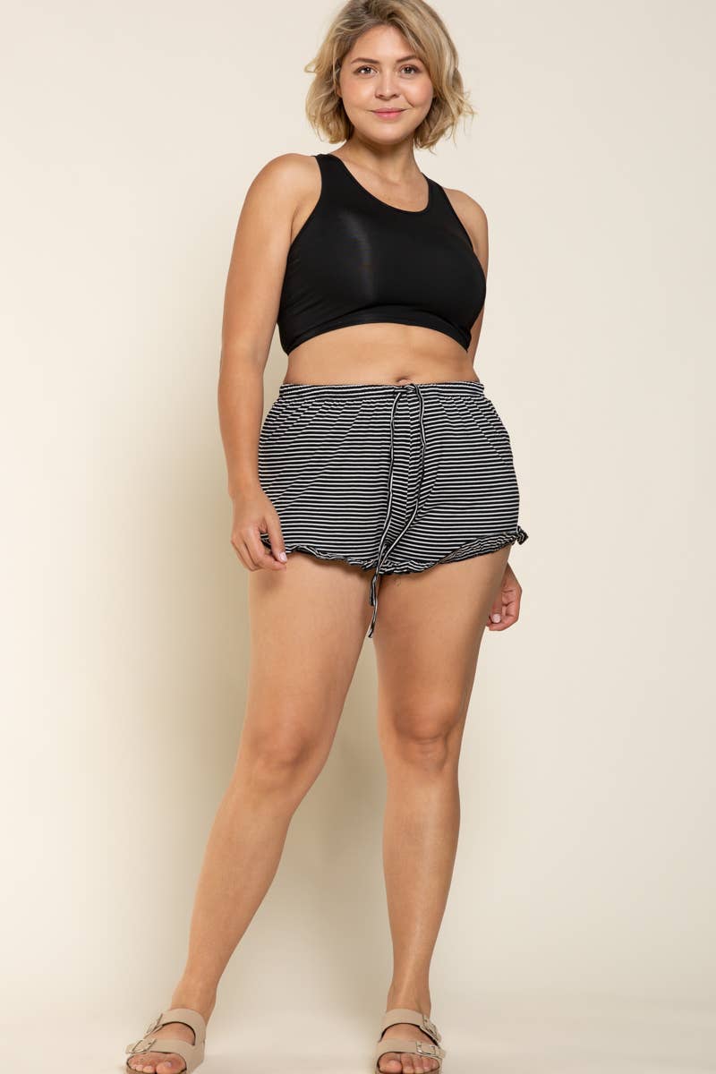 CURVY Ruffle Drawstring Shorts in Black and Olive