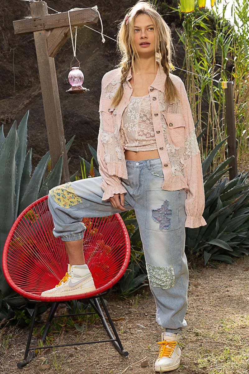 Long balloon sleeve flower detail button down shirt top SALE