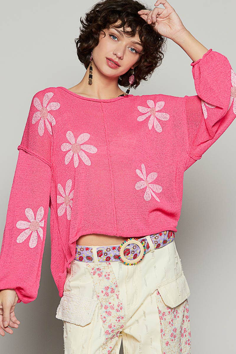 CREAM Round neck balloon sleeve floral prints sweater