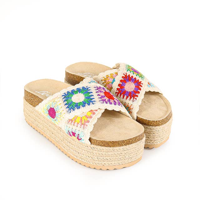 Wedge platform slipper sandal with crochet X band