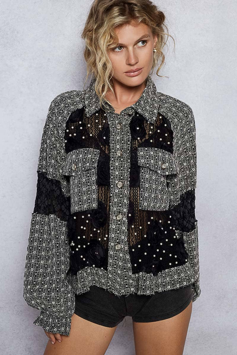 Long balloon sleeve flower detail button down shirt top SALE