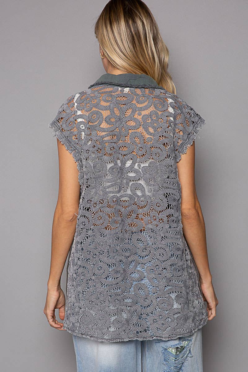 V-neck cut sew vintage crochet patch button down vest