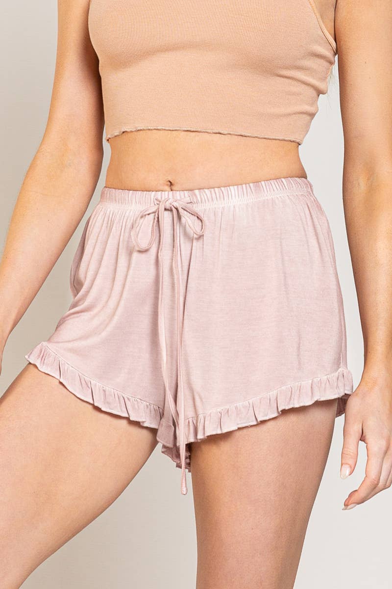 Elastic drawstring waist ruffle trim dolphin shorts