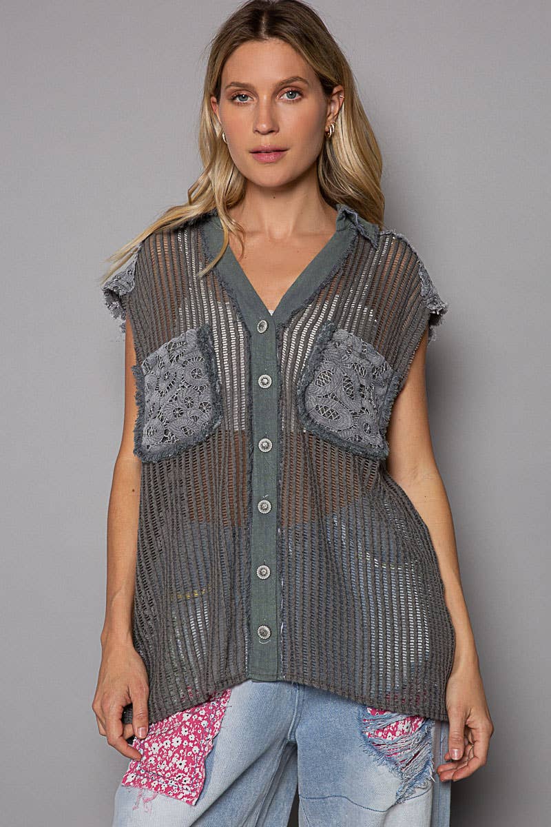 V-neck cut sew vintage crochet patch button down vest