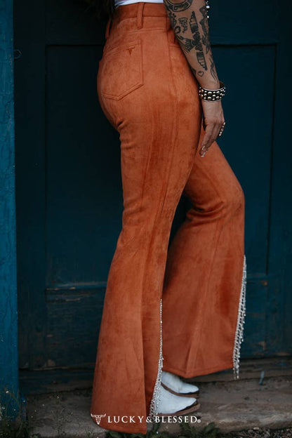Rust Suede Flare Jeans W Rhinestone Hem Slit
