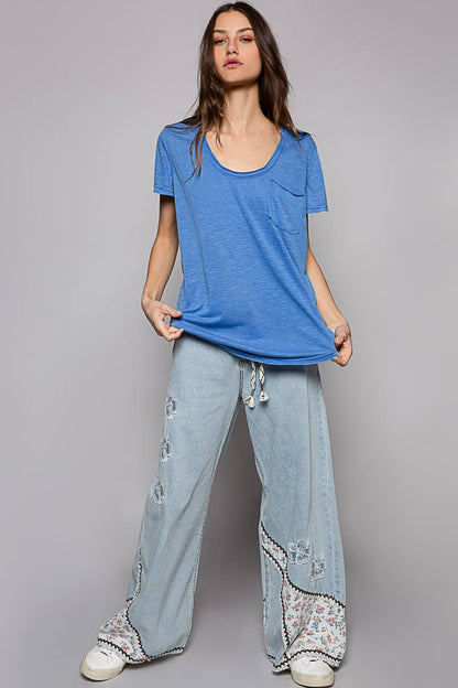 Scoop Neck Rayon Slub Tee with Pocket Front and Short Sleeve