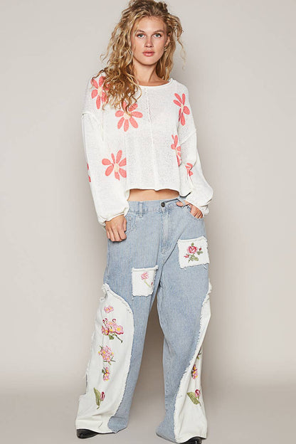 CREAM Round neck balloon sleeve floral prints sweater