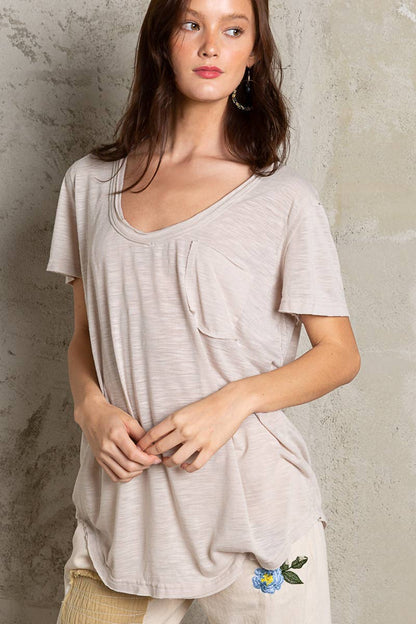 Scoop Neck Rayon Slub Tee with Pocket Front and Short Sleeve