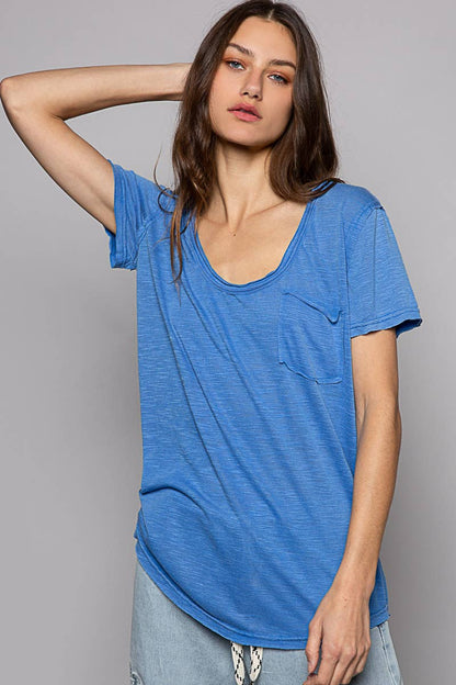 Scoop Neck Rayon Slub Tee with Pocket Front and Short Sleeve