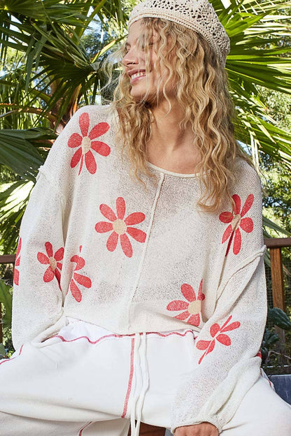 CREAM Round neck balloon sleeve floral prints sweater