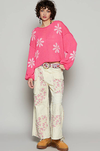 CREAM Round neck balloon sleeve floral prints sweater