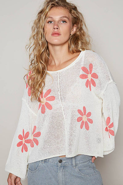 CREAM Round neck balloon sleeve floral prints sweater