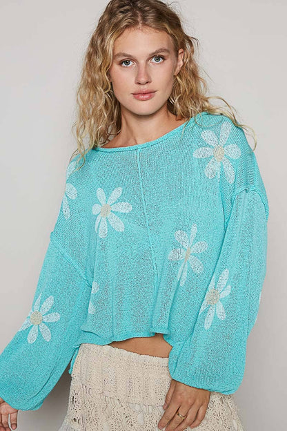 CREAM Round neck balloon sleeve floral prints sweater