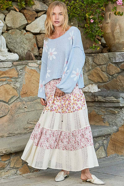 CREAM Round neck balloon sleeve floral prints sweater