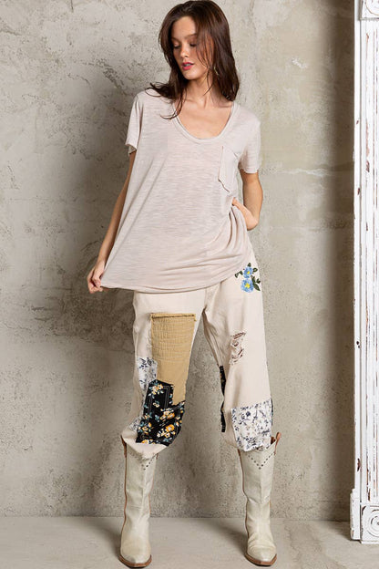 Scoop Neck Rayon Slub Tee with Pocket Front and Short Sleeve