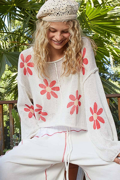 CREAM Round neck balloon sleeve floral prints sweater