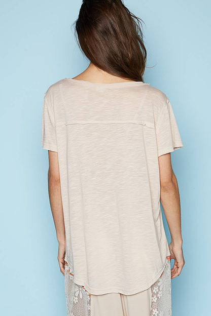 Scoop Neck Rayon Slub Tee with Pocket Front and Short Sleeve
