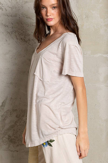 Scoop Neck Rayon Slub Tee with Pocket Front and Short Sleeve
