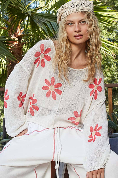 CREAM Round neck balloon sleeve floral prints sweater