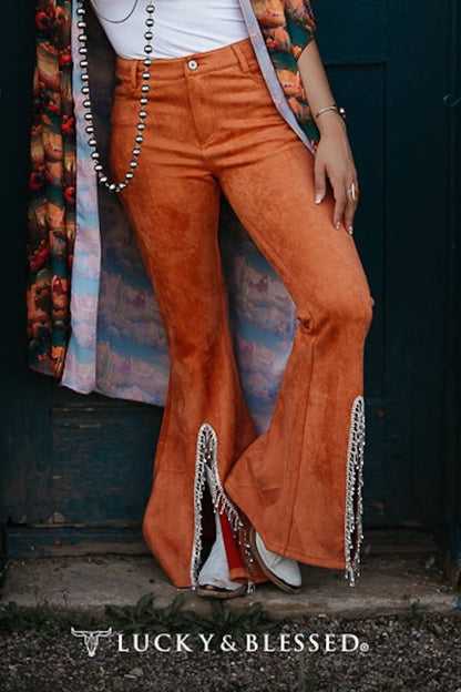 Rust Suede Flare Jeans W Rhinestone Hem Slit