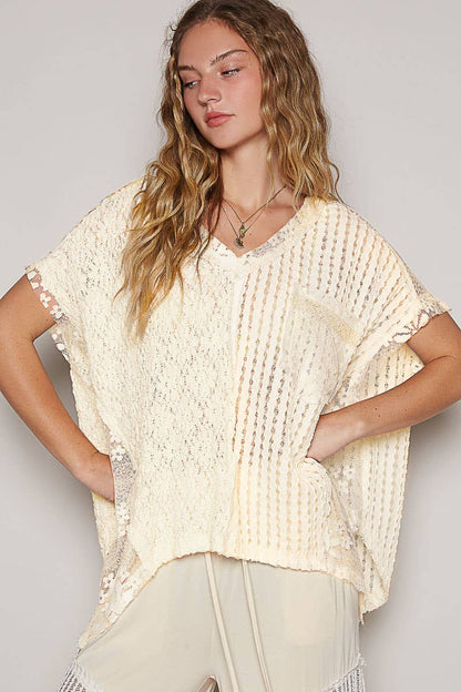 Oversize v-neck short sleeve lace front pocket woven top