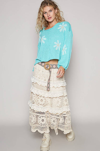 CREAM Round neck balloon sleeve floral prints sweater