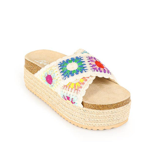 Wedge platform slipper sandal with crochet X band