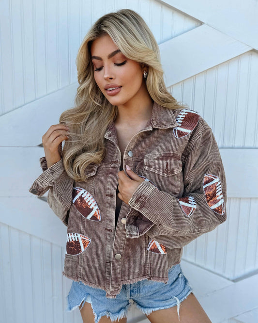 Mocha Corduroy Sequin Football Cropped Jacket